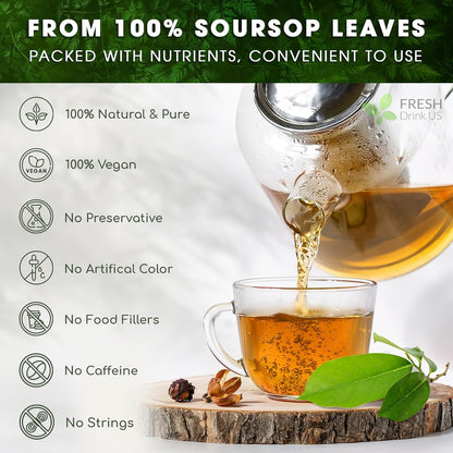 40 Premium Soursop Graviola Leaf Tea Bags, 100% Natural and Pure from Soursop Leaves, Handmade, Made With Natural Materials-Corn Fiber Tea Bag, Sugar/Caffeine/Gluten Free, Hoja Guanabana Tea by FreshDrinkUS - Natural and Premium Herbal Tea