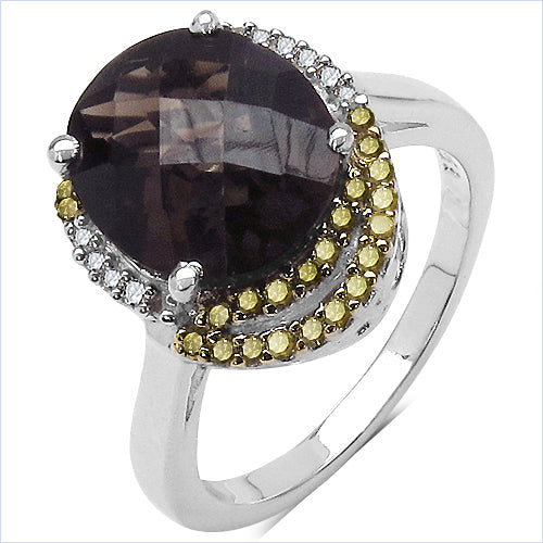4.12 Carat Genuine Smoky Quartz and 0.28 ct.t.w Genuine Diamond Accents Sterling Silver Ring by Bids.com
