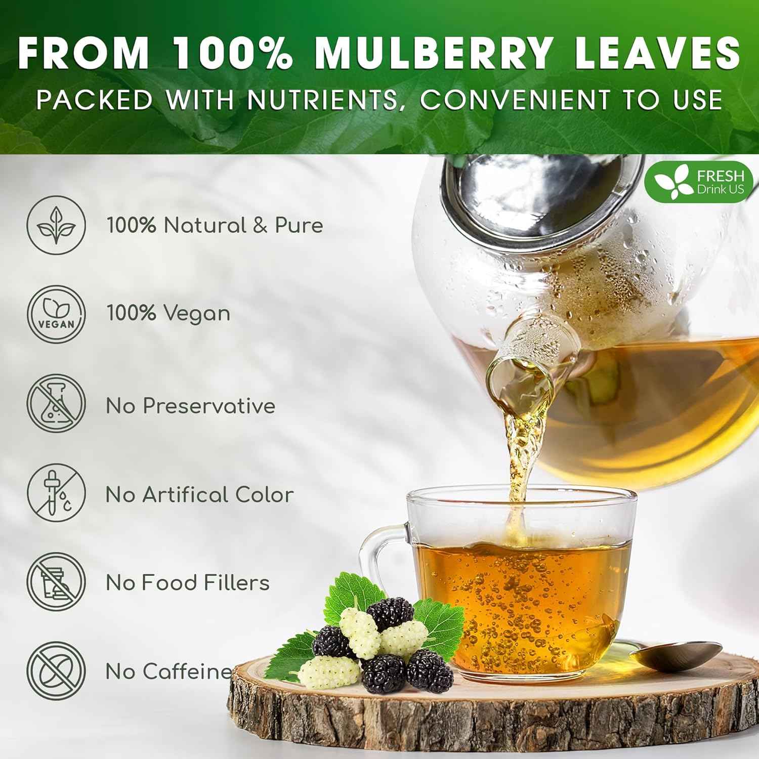 Premium Mulberry Leaf Tea Bags. No Sugar, No Caffeine, No Gluten, Vegan.