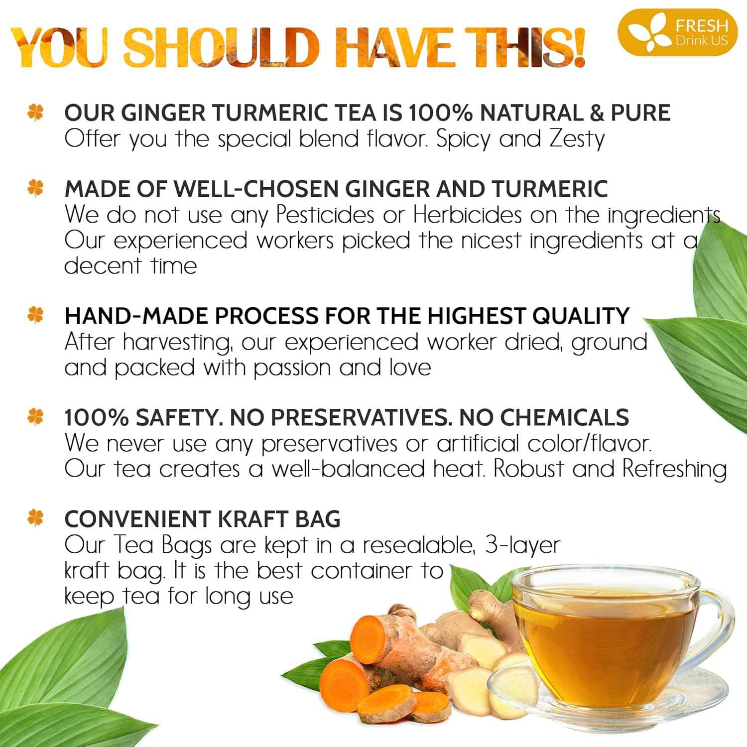 Premium Ginger Turmeric Tea Bags, Hand-made Blend of Ginger and Turmeric Herbal Tea, Eco-conscious Tea Bags. No Sugar, No Caffeine, No Gluten, Vegan.