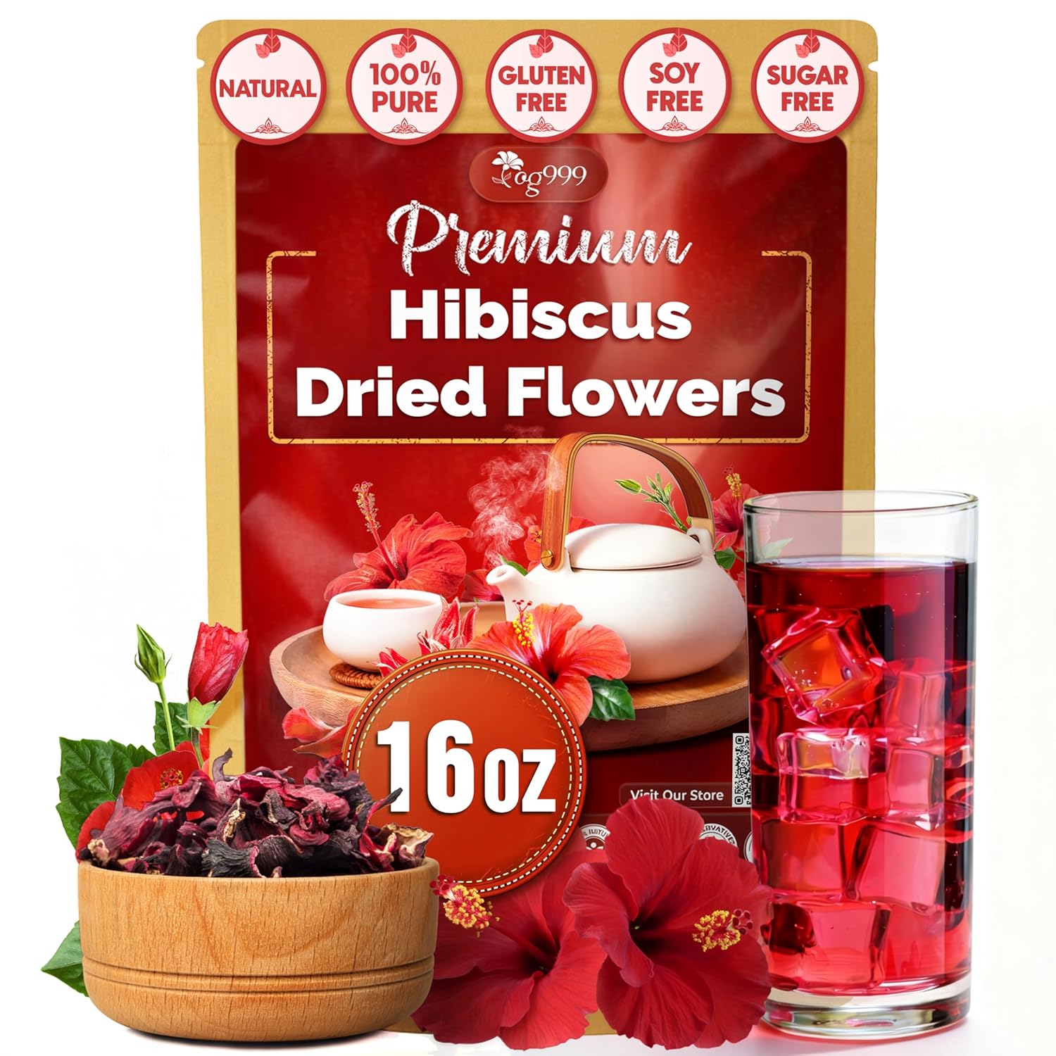 Hibiscus Dried Flowers, Tea Bags, 100% Natural, Pure from Hibiscus Flowers. Loose Flower Hibiscus Herbal Tea. Hibiscus Flower Tea. No Sugar, No Caffeine, No Gluten, Vegan. - DestGlow