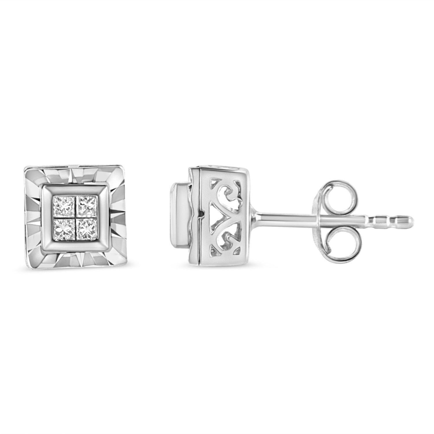 .925 Sterling Silver 1/6 Cttw Invisible Set Princess-Cut Diamond Quad Composite Stud Earrings (H-I Color, I1-I2 Clarity) by Bids.com