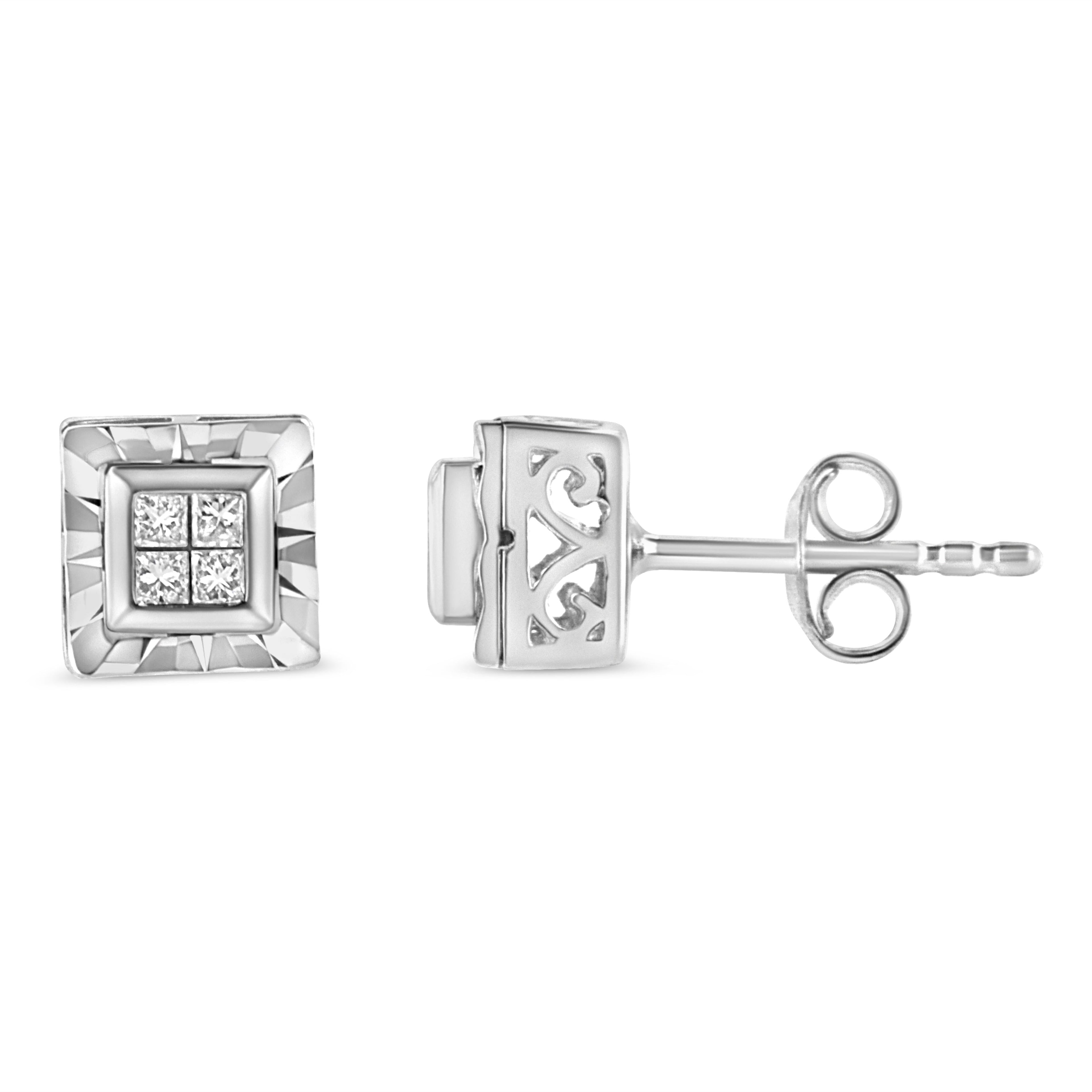 .925 Sterling Silver 1/6 Cttw Invisible Set Princess-Cut Diamond Quad Composite Stud Earrings (H-I Color, I1-I2 Clarity) by Bids.com