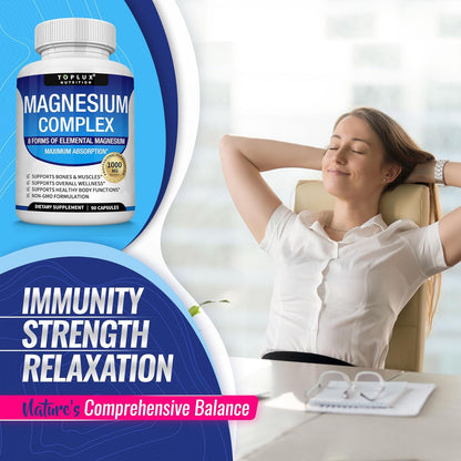 Magnesium Complex Supplement 8 Elemental 1000mg - Magnesium Glycinate, Citrate, Malate, Taurate, Chelated for Easy Absorption for Bones, Muscle, Recovery, Energy, Vegan Non-GMO 90 Capsules  DestGlow