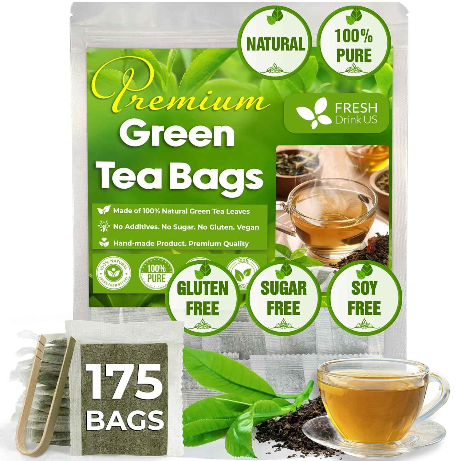 Premium Green Tea Bags, 100% Natural &amp; Pure from Green Tea. Green Herbal Tea. No Sugar, No Gluten, Vegan