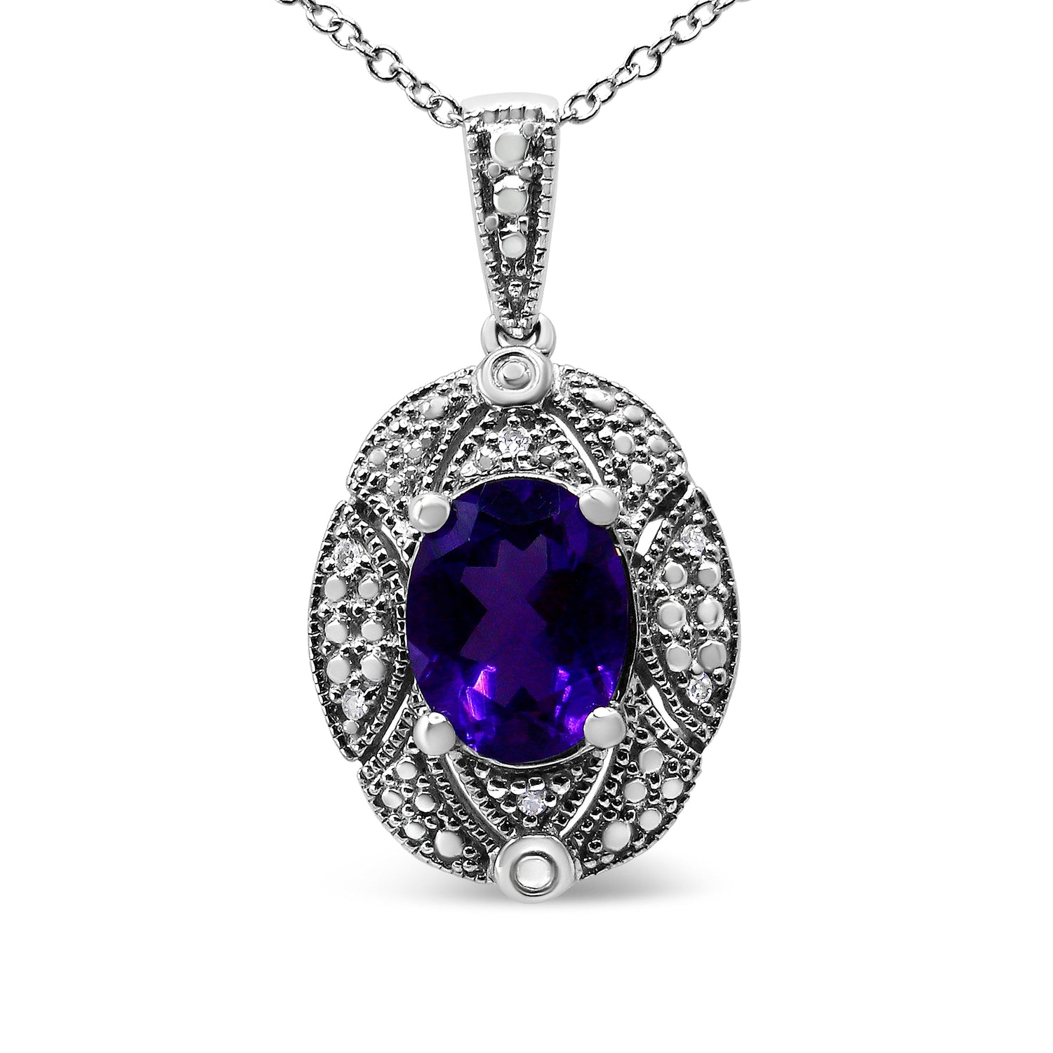 .925 Sterling Silver Diamond Accent and 9x7mm Purple Oval Amethyst Gemstone Pendant 18" Necklace (I-J Color, I1-I2 Clarity) by Bids.com