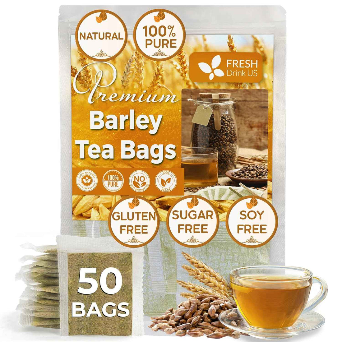 Premium Barley Tea Bags, 100% Natural &amp; Pure from Barley. Loose Barey Herbal Tea. No Sugar, No Caffeine, No Gluten, Vegan.