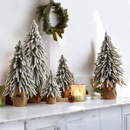 Snow Covered Christmas Trees - Set of 4 Realistic Faux Trees with Jute Base