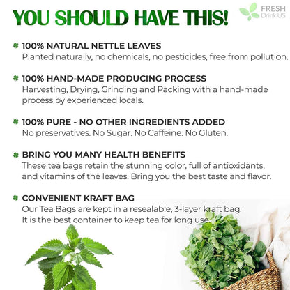 Premium Nettle Leaf Tea Bags, 100% Natural &amp; Pure, Stinging Nettle Leaf Tea, Nettle Leaf Tea, Burn Nettle, Stinging Nettle, Nettle Tea, Stinger Tea, No Sugar/Caffeine &amp; Gluten, Vegan