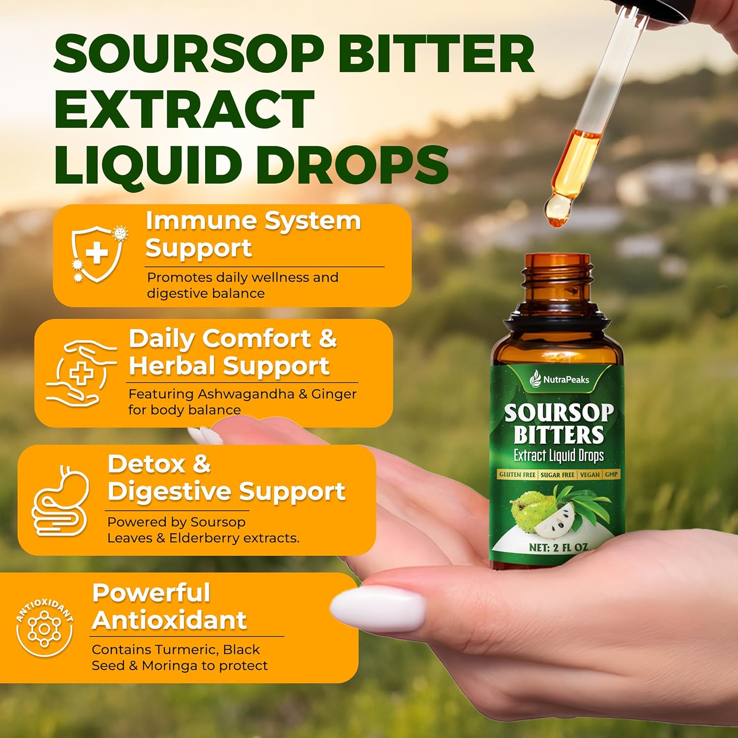 Soursop Bitters Liquid Drops – Premium Herbal Blend with Soursop Leaves, Black Seed, Moringa, Ashwagandha, Senna, Goat Weed &amp; Ginger, 2 fl oz by FreshDrinkUS - Natural and Premium Herbal Tea