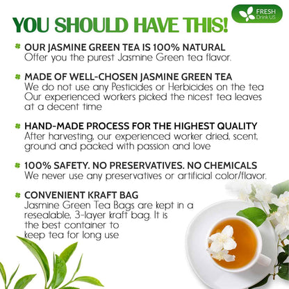 Premium Jasmine Green Tea Bags. Jasmine Green Herbal Tea. Made with Natural Material Tea Bags. No Sugar, No Gluten, Vegan.