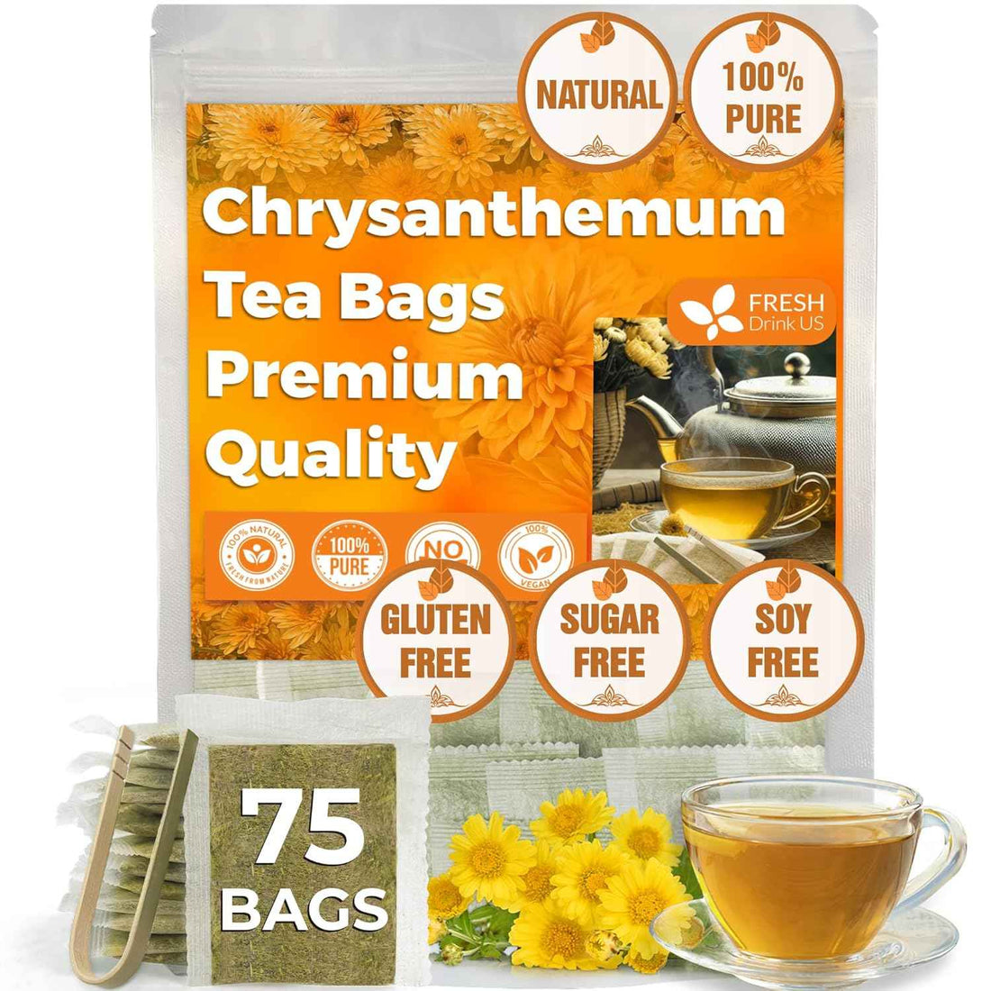Premium Chrysanthemum Flower Tea Bags. Chrysanthemum Flower Herbal Tea. No Sugar, No Caffeine, No Gluten, Vegan.