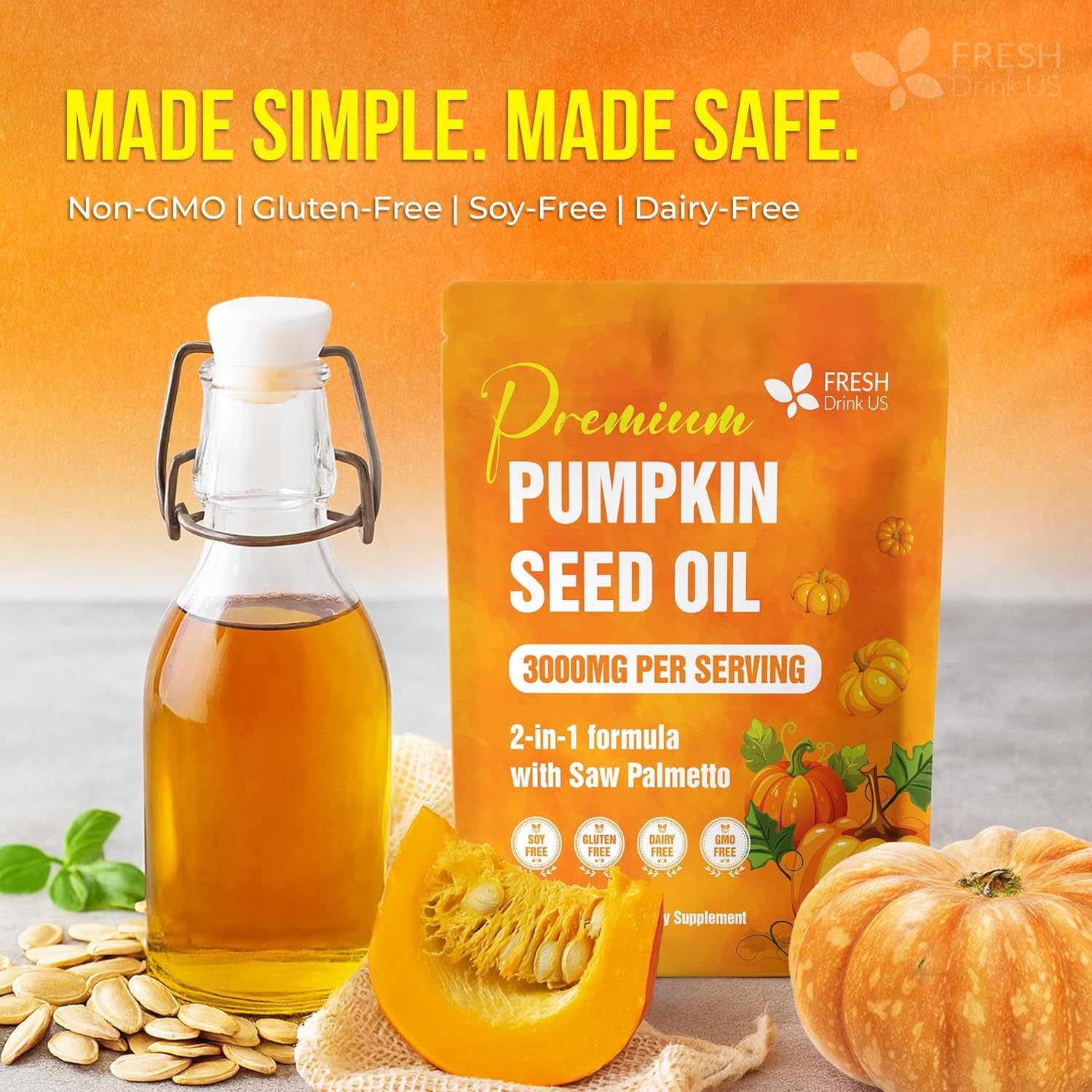 Premium Pumpkin Seed Oil Softgels with Saw Palmetto, 3000mg Per Serving, Cold Pressed, Pure Virgin Oil, Great Hair Support, Non-GMO, Gluten-Free, Vegan by FreshDrinkUS - Natural and Premium Herbal Tea