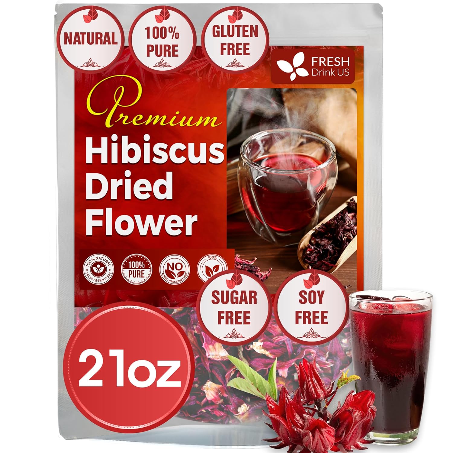 Hibiscus Dried Flowers, Tea Bags, 100% Natural, Pure from Hibiscus Flowers. Loose Flower Hibiscus Herbal Tea. Hibiscus Flower Tea. No Sugar, No Caffeine, No Gluten, Vegan. by FreshDrinkUS - Natural and Premium Herbal Tea
