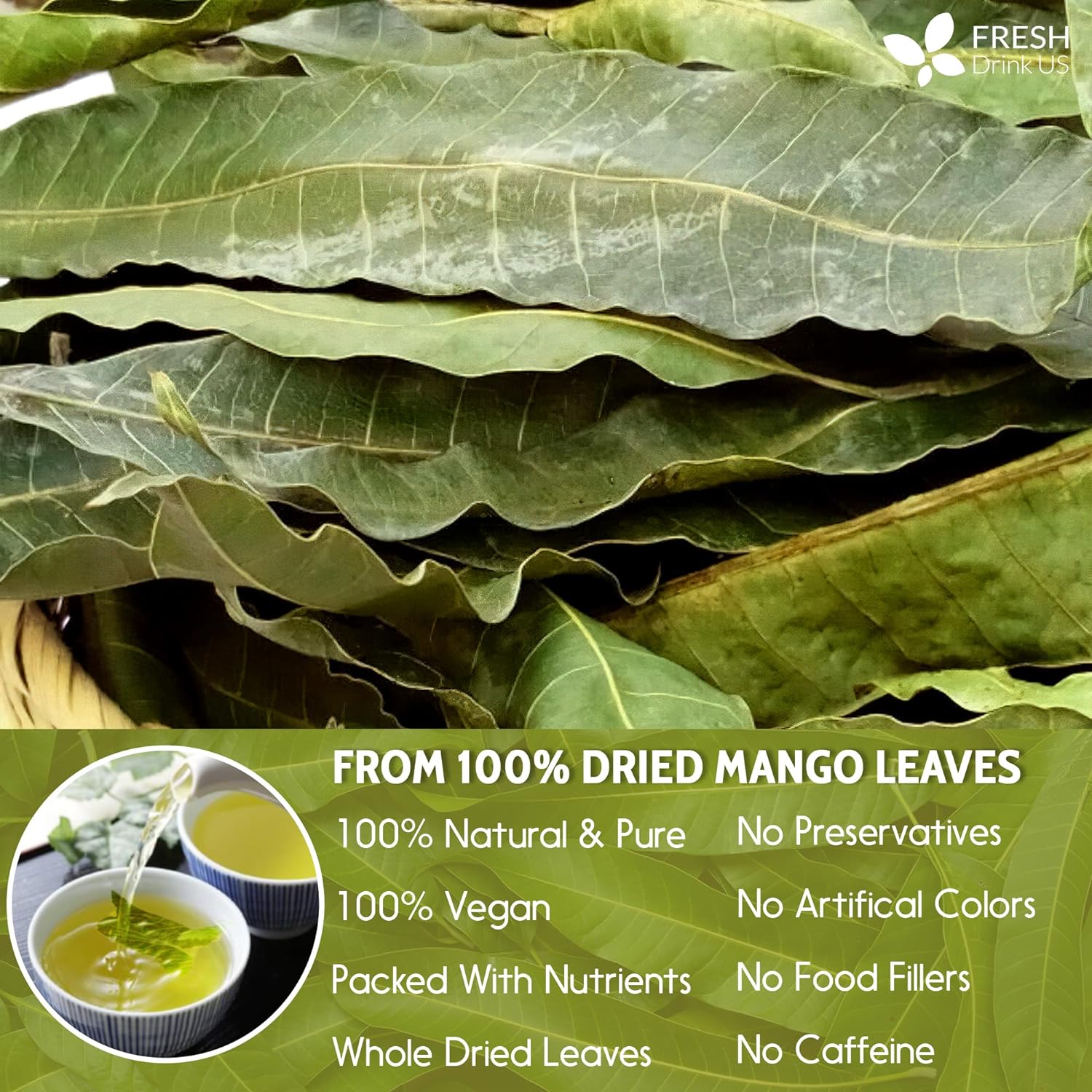 Mango Leaf, Whole Dried Leaves, Tea Bags, Powder, 100% Natural &amp; Pure from Mango Leaves. Mango Dried Leaves. Loose Leaf Mango Herbal Tea. Mango Leaf Tea. No Sugar, No Caffeine, No Gluten, Vegan. by FreshDrinkUS - Natural and Premium Herbal Tea