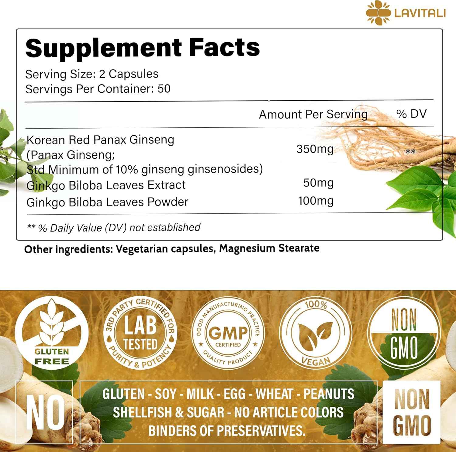 Ginseng &amp; Ginkgo Biloba Veggie Capsules, Non-GMO, Vegan, Gluten Free, Dairy Free