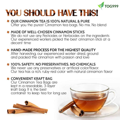 Pure Cinnamon Tea, 100% Natural &amp; Pure Cinnamon. Cinnamon Herbal Tea. Cinnamon Stick Herbal Spice Tea. No Sugar, No Caffeine, No Gluten, Vegan.
