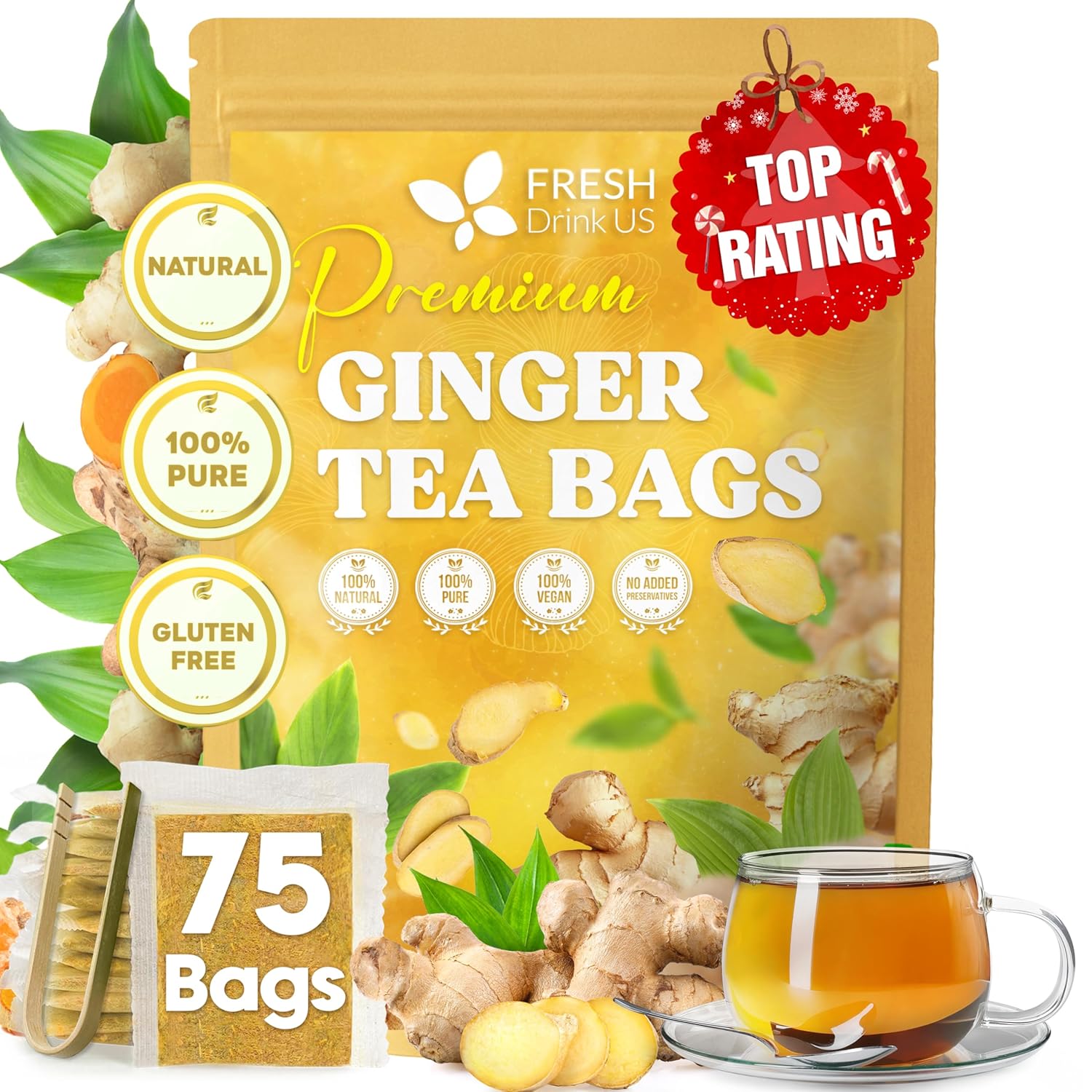 Premium Ginger Tea Bags, 100% Natural &amp; Pure from Ginger Roots, Ginger Tea, Ginger Herbal Tea. Ginger Tea. No Sugar, No Caffeine, No Gluten, Vegan. by FreshDrinkUS - Natural and Premium Herbal Tea