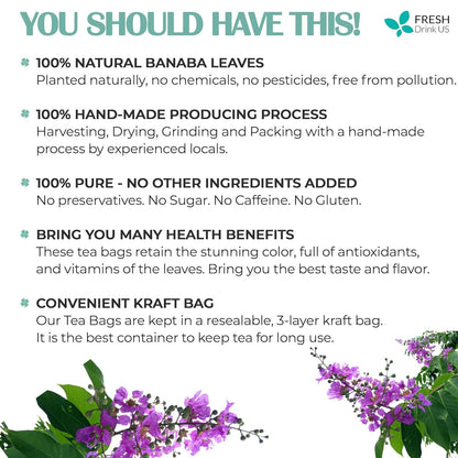 Natural Banaba Dried Leaves, Tea Bags, Powder, Whole Banaba Leaves, 100% Pure Dried Banaba Leaves, Banaba Leaf Tea, No Additives, No Caffeine, Vegan by FreshDrinkUS - Natural and Premium Herbal Tea