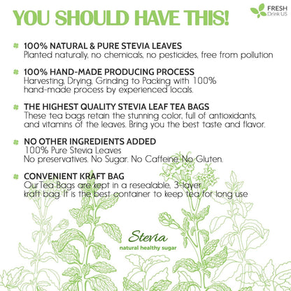 Stevia Leaf, Whole Dried Leaves, Tea Bags, Powder, 100% Natural and Pure from Stevia Leaves. Sugar Substitute for Tea, Coffee. Loose Leaf Stevia Herbal Tea. Zero Calorie Sweetener. No Sugar, No Caffeine, No Gluten, Vegan. by FreshDrinkUS - Natural and Premium Herbal Tea