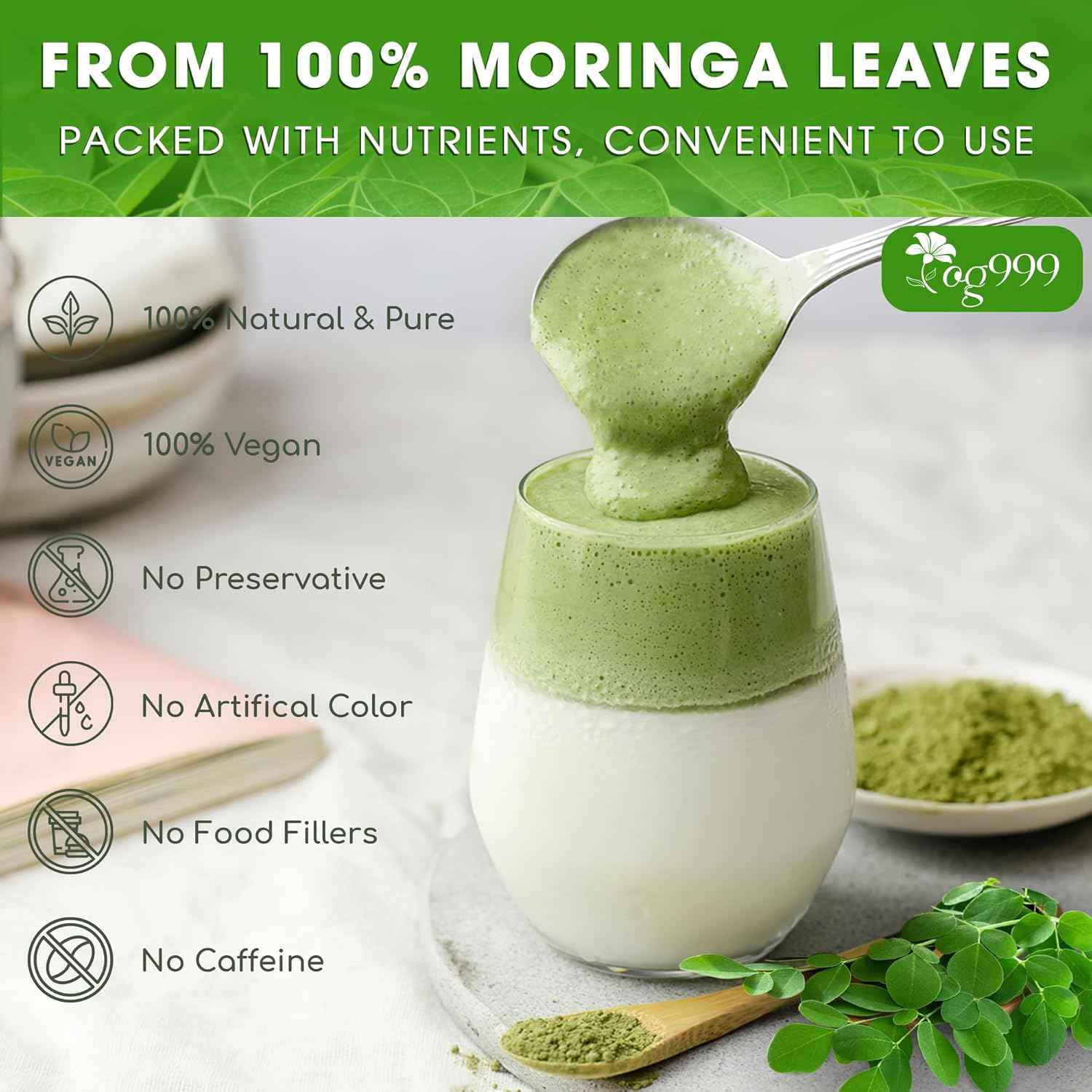 Premium Moringa Leaf Powder, 100% Natural and Pure from Moringa Leaves, No Additives, No Gluten, No Sugar, Vegan