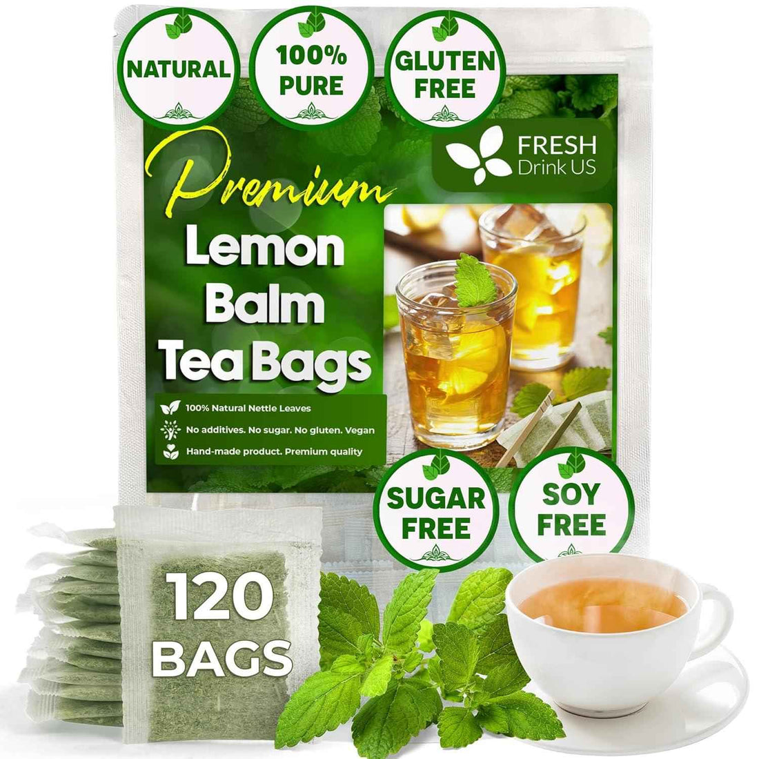 Premium Lemon Balm Leaf Tea Bags, 100% Natural &amp; Pure from Lemon Balm Leaves. Loose Leaf Lemon Balm Herbal Tea. Lemon Balm Leaf Tea. No Sugar, No Caffeine, No Gluten, Vegan.