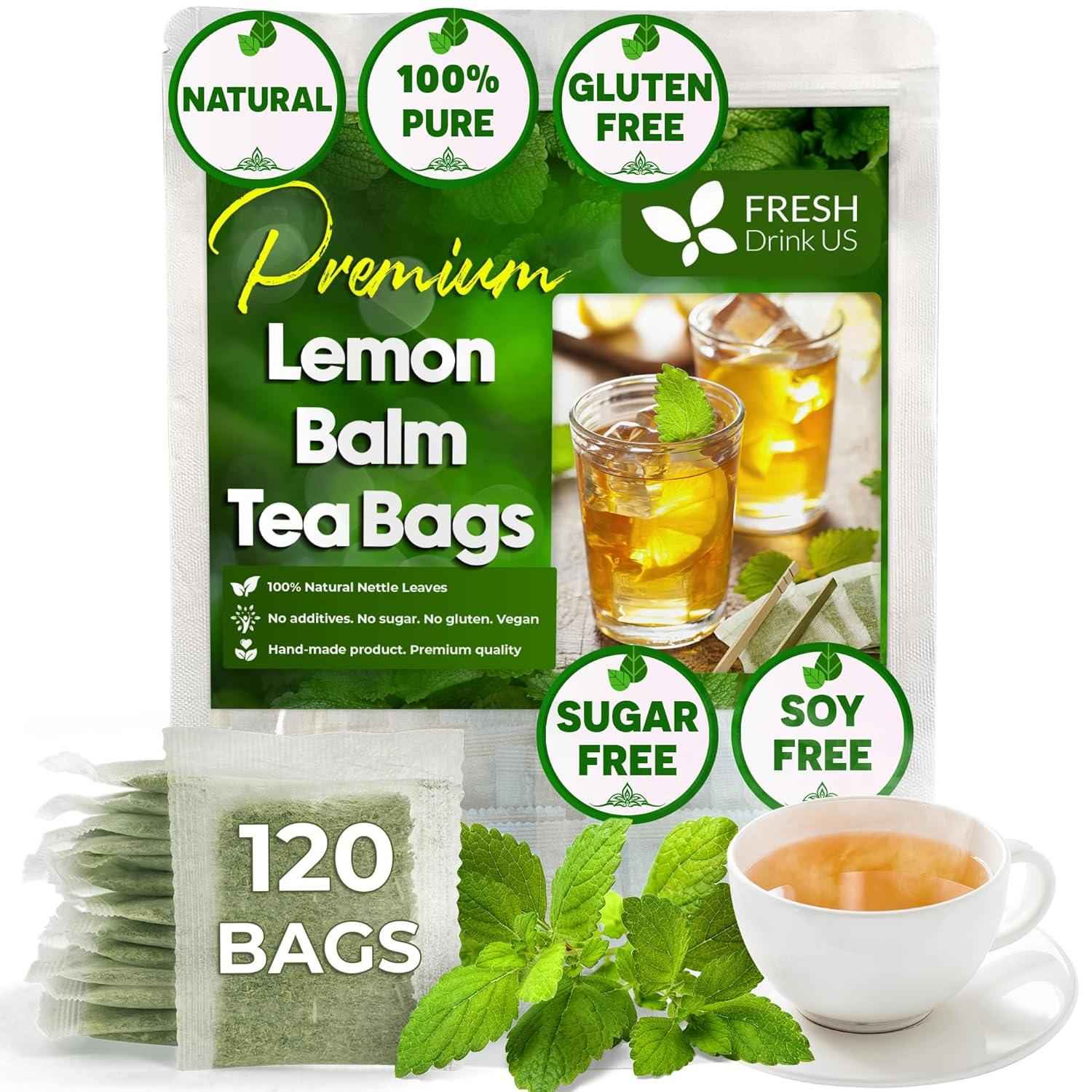 Premium Lemon Balm Leaf Tea Bags, 100% Natural &amp; Pure from Lemon Balm Leaves. Loose Leaf Lemon Balm Herbal Tea. Lemon Balm Leaf Tea. No Sugar, No Caffeine, No Gluten, Vegan.