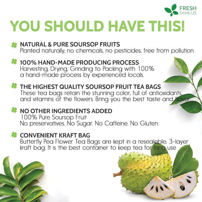 Premium Soursop Graviola Fruit Tea Bags, Tea Powder, 100% Natural and Pure from Soursop Fruits, Handmade, Made With Natural Materials-Corn Fiber Tea Bag, Sugar/Caffeine/Gluten Free, Hoja Guanabana Tea by FreshDrinkUS - Natural and Premium Herbal Tea