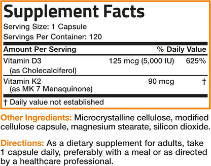 Bronson Vitamin K2 (MK7) with D3 Supplement Non-GMO Formula 5000 IU Vitamin D3 &amp; 90 mcg Vitamin K2 MK-7 Easy to Swallow Vitamin D &amp; K Complex, 120 Capsules by NutritionAdvice