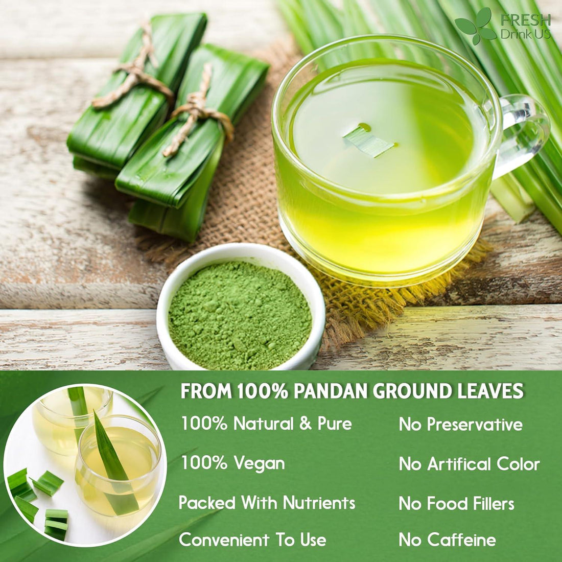 Natural Pandan Leaves Dried, Pandan Leaf Powder, 100% Pure Dried Pandan Leaves, Pandan Leaf Tea, No Additives, No Caffeine, Vegan by FreshDrinkUS - Natural and Premium Herbal Tea