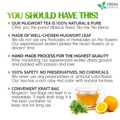 Mugwort Leaf Tea Bags, 100% Natural and Pure Mugwort Leaves, Loose Leaf Mugwort Herbal Tea, Mugwort Leaf Tea, No Sugar, No Caffeine, No Gluten, Vegan.