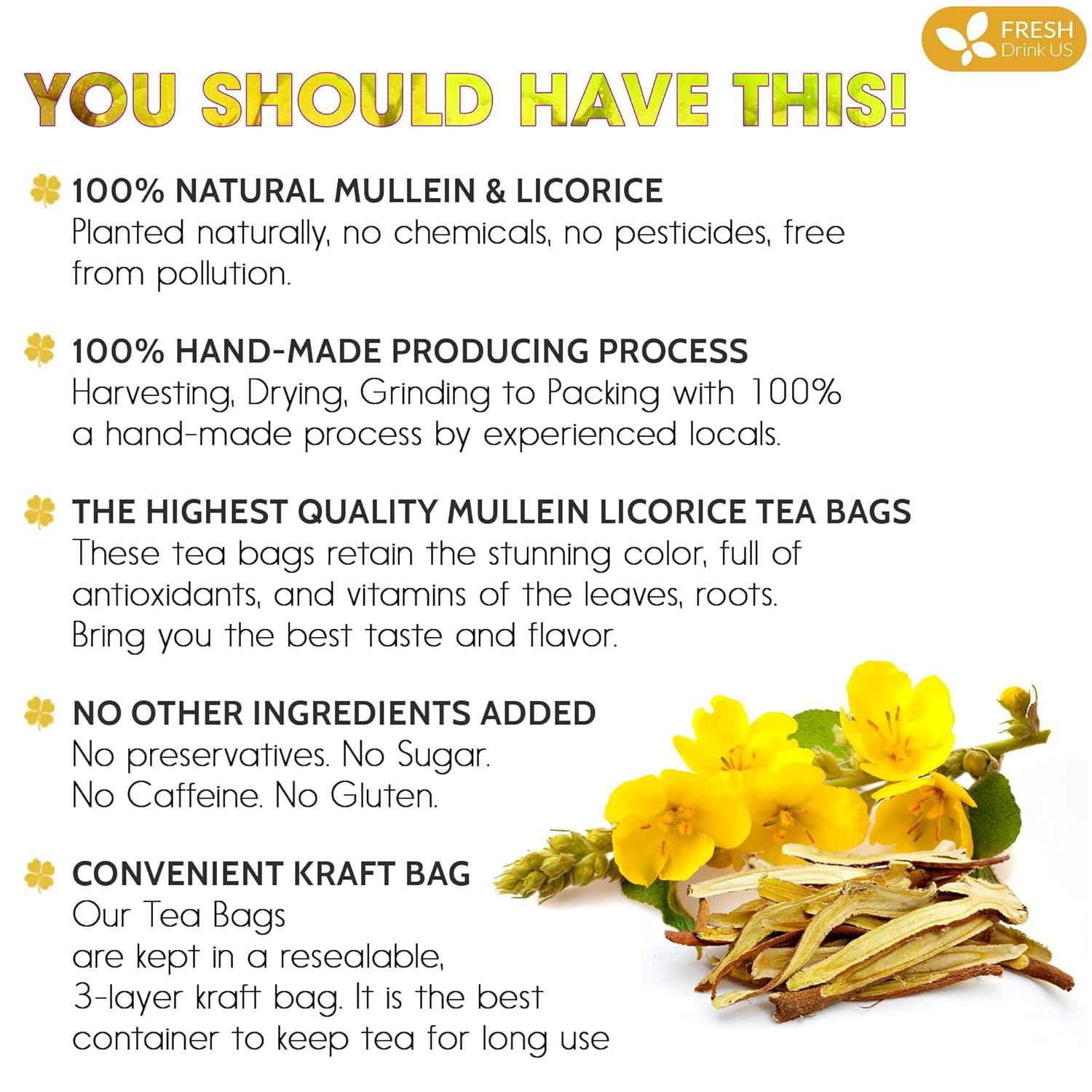 Premium Mullein Licorice Tea Bags. 100% Natural, Blend of Mullein Leaves, and Licorice Root.