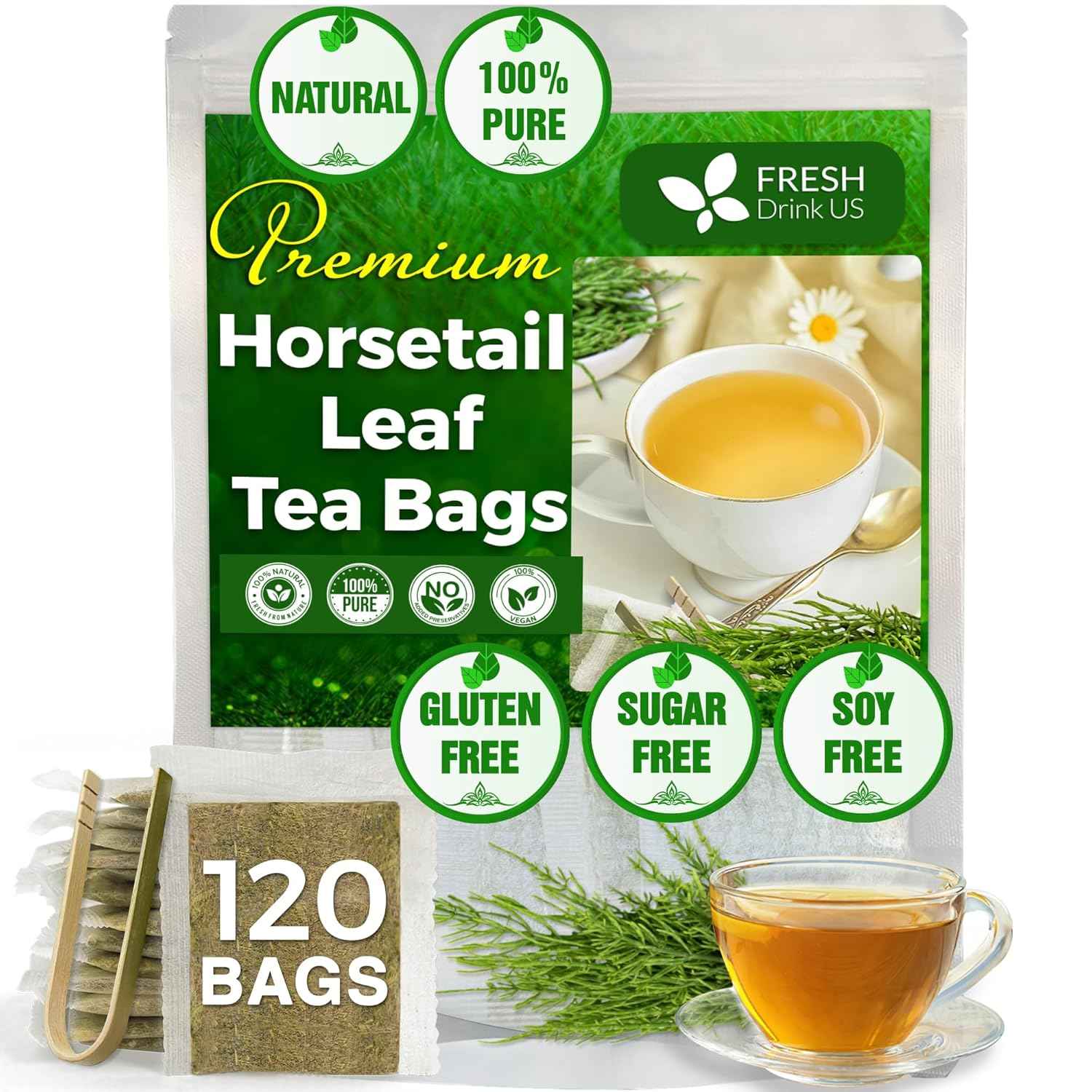 Premium Horsetail Leaf Tea Bags, 100% Natural &amp; Pure from Horsetail Loose Leaves Herbal Tea. No Sugar, No Caffeine, No Gluten, Vegan.