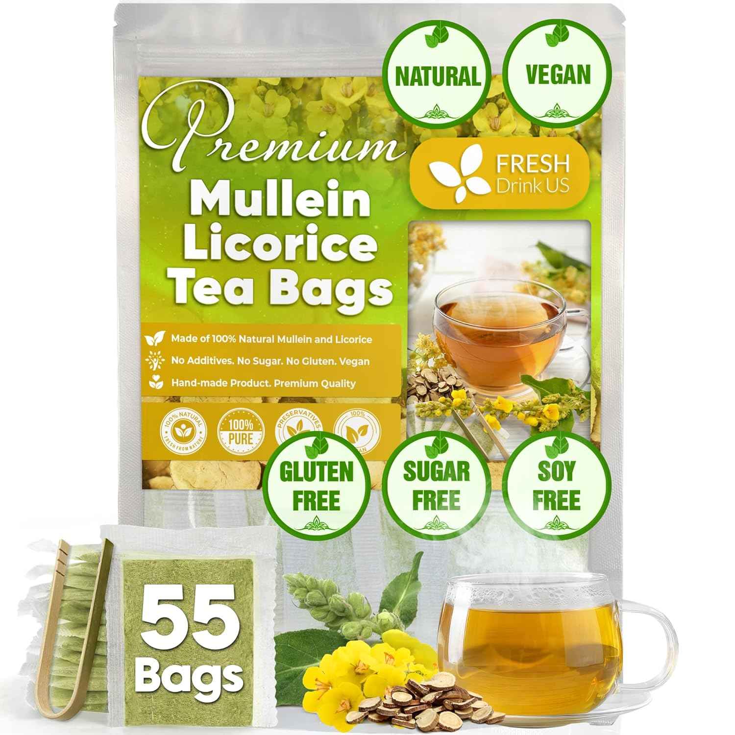 Premium Mullein Licorice Tea Bags. 100% Natural, Blend of Mullein Leaves, and Licorice Root.
