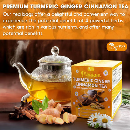 Premium Turmeric, Ginger, Cinnamon &amp; Chamomile Flowers Tea | Improve Digestion, Support Brain, Weight, Skin and Sleep, Eco-Conscious Tea Bags by FreshDrinkUS - Natural and Premium Herbal Tea