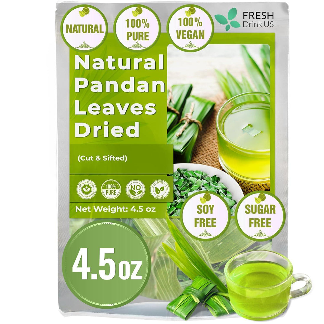 Natural Pandan Leaves Dried, Pandan Leaf Powder, 100% Pure Dried Pandan Leaves, Pandan Leaf Tea, No Additives, No Caffeine, Vegan by FreshDrinkUS - Natural and Premium Herbal Tea