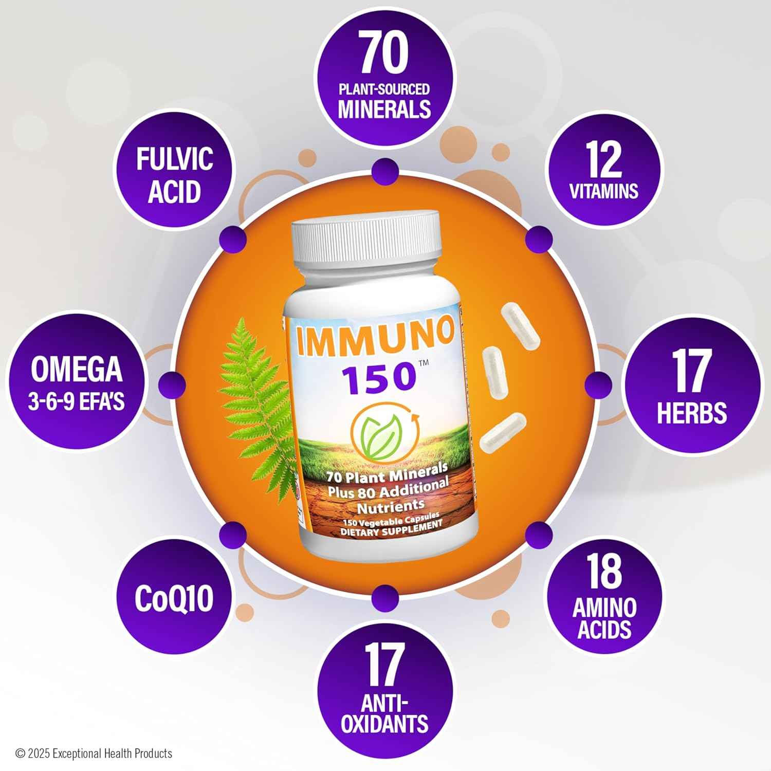 Immuno150 Immune Support Supplement, 150 Vegetable Capsules - Immunity Boost Packed with 70 Trace Minerals, 13 Essential Vitamins, Antioxidants, Herbs &amp; Amino Acids - Immune System Booster for Adults