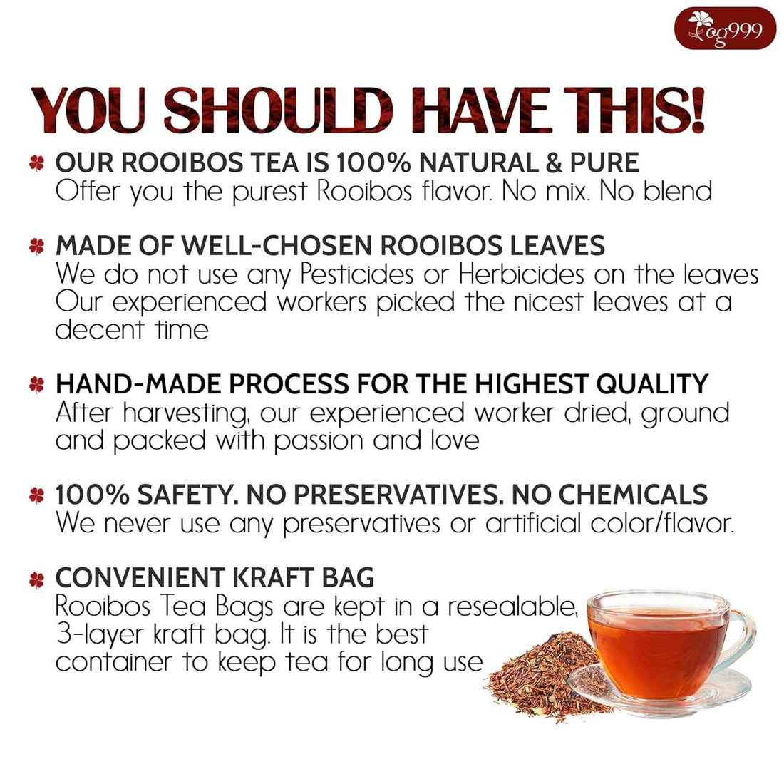 Premium Red Rooibos Tea Bags, 100% Natural &amp; Pure from Rooibos Tea Leaves. Loose Leaf Rooibos Herbal Tea. Made with Natural Material Tea Bags. No Sugar, No Caffeine, No Gluten, Vegan.