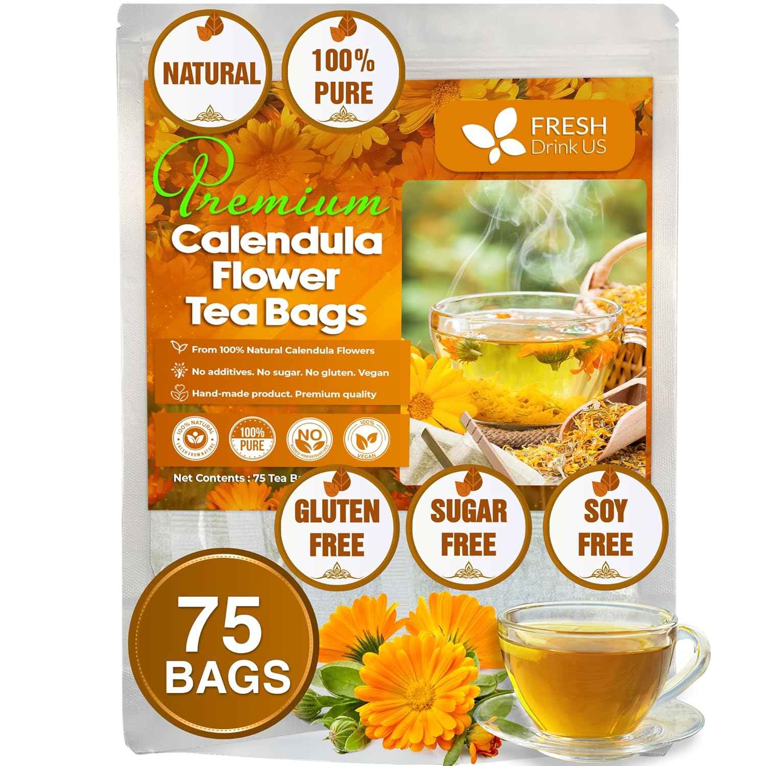 Calendula Tea Bags, 100% Natural and Pure Calendula Flowers, Eco-conscious Tea Bags. Calendula Flower Herbal Tea. No Sugar, No Caffeine, No Gluten, Vegan.