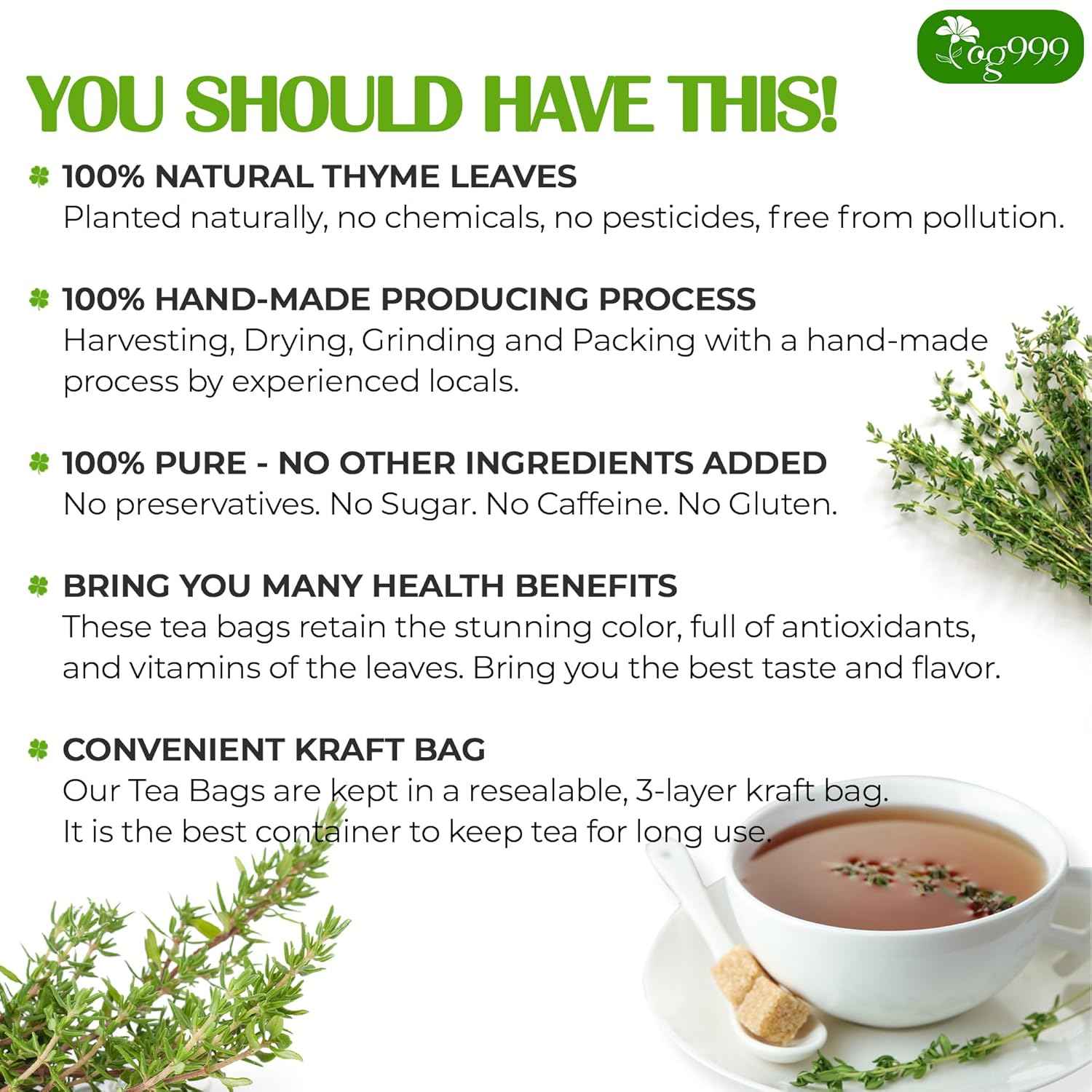 Premium 40 Thyme Leaf Tea Bags, 100% Natural &amp; Pure, Loose Leaf Herbal Tea.