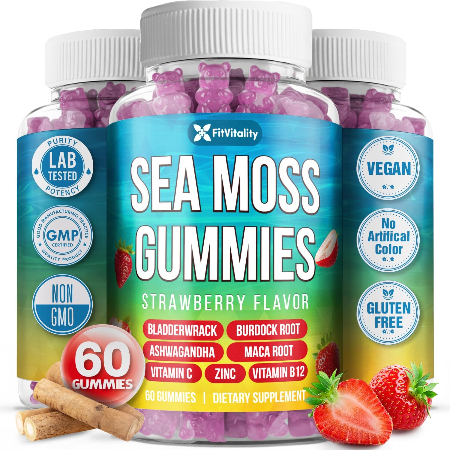 Sea Moss Gummies | Strawberry Flavor Vegan Gummies | Extra Rich 9-in-1 Formulation with Irish Sea Moss, Elderberry, Bladderwrack, Burdock, Ashwagandha, Maca, Zinc, B12 | Energy &amp; Immune Support by FreshDrinkUS - Natural and Premium Herbal Tea