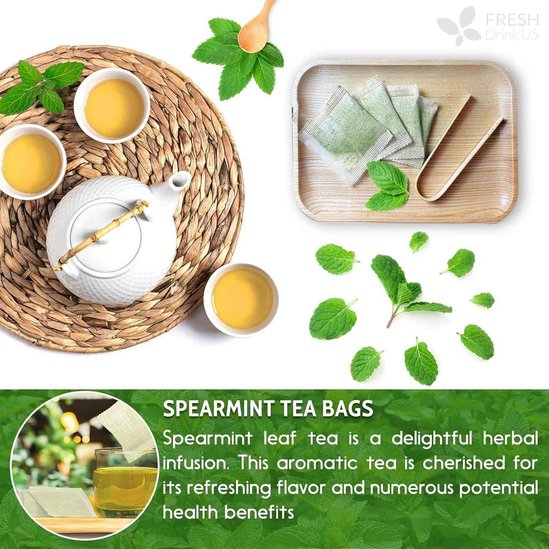 Spearmint Tea Bags, 100% Natural &amp; Pure Spearmint Leaves. Loose Leaf Spearmint Herbal Tea. Spearmint Leaf Tea. No Sugar, No Caffeine, No Gluten, Vegan.