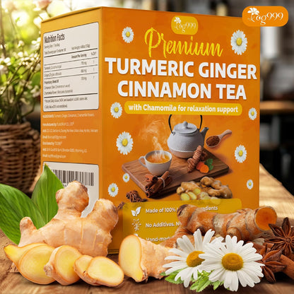 Premium Turmeric, Ginger, Cinnamon &amp; Chamomile Flowers Tea | Improve Digestion, Support Brain, Weight, Skin and Sleep, Eco-Conscious Tea Bags by FreshDrinkUS - Natural and Premium Herbal Tea