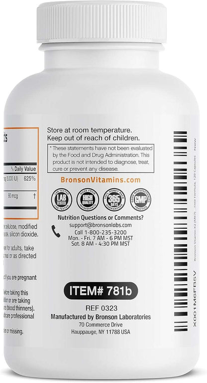 Bronson Vitamin K2 (MK7) with D3 Supplement Non-GMO Formula 5000 IU Vitamin D3 &amp; 90 mcg Vitamin K2 MK-7 Easy to Swallow Vitamin D &amp; K Complex, 120 Capsules by NutritionAdvice