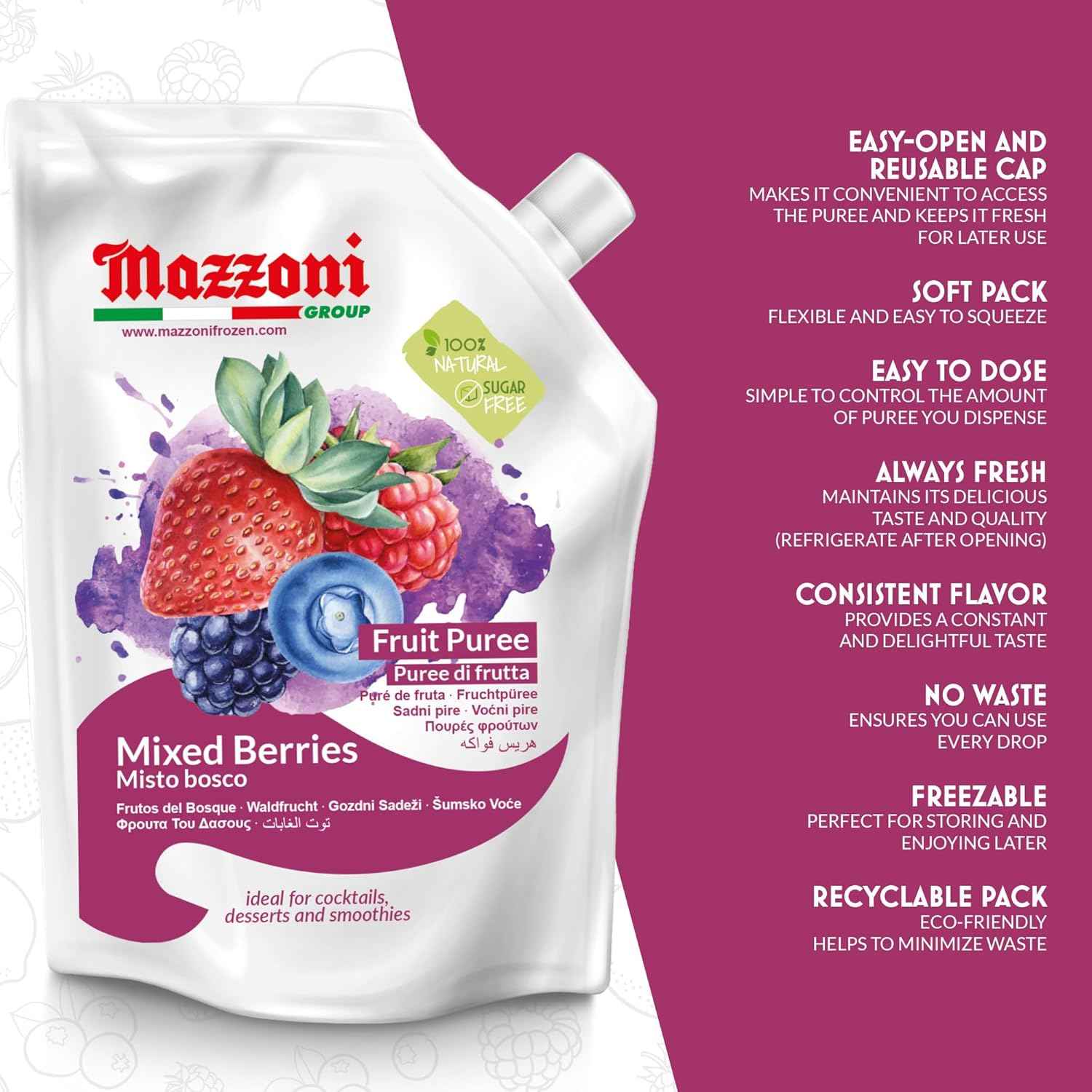 Mazzoni, Forest Berries Puree, 100% Pure Forest Berries, Just Fruit, No Sugar Added, 2.2 lb
