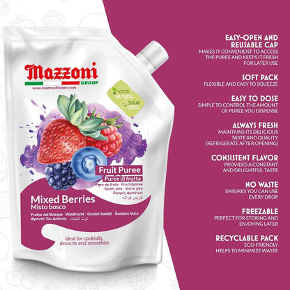 Mazzoni, Forest Berries Puree, 100% Pure Forest Berries, Just Fruit, No Sugar Added, 2.2 lb