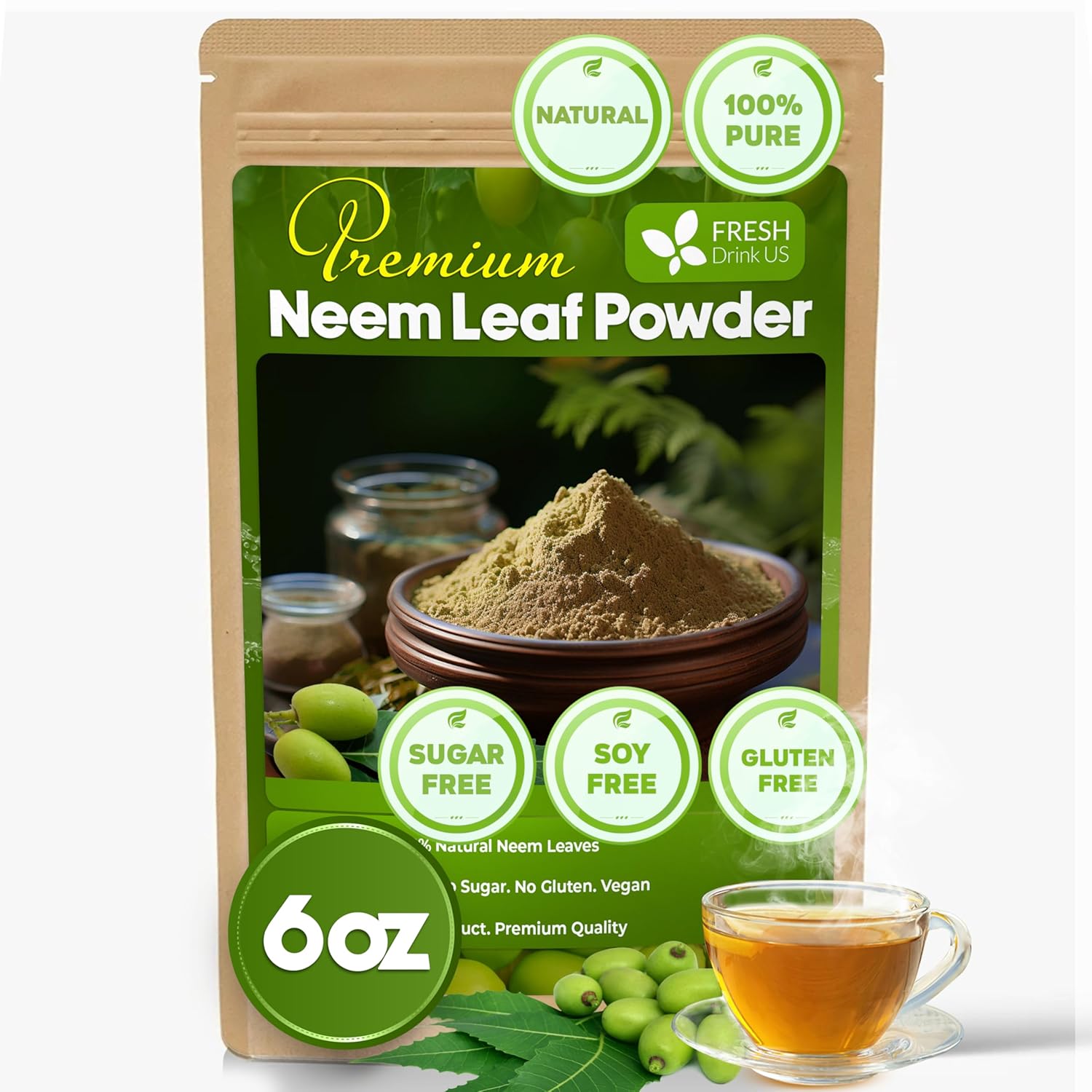 Neem Leaf Tea Bags, 100% Natural and Pure from Neem Leaves. Loose Leaf Neem Herbal Tea. Neem Leaf Tea. No Sugar, No Caffeine, No Gluten, Vegan. by FreshDrinkUS - Natural and Premium Herbal Tea