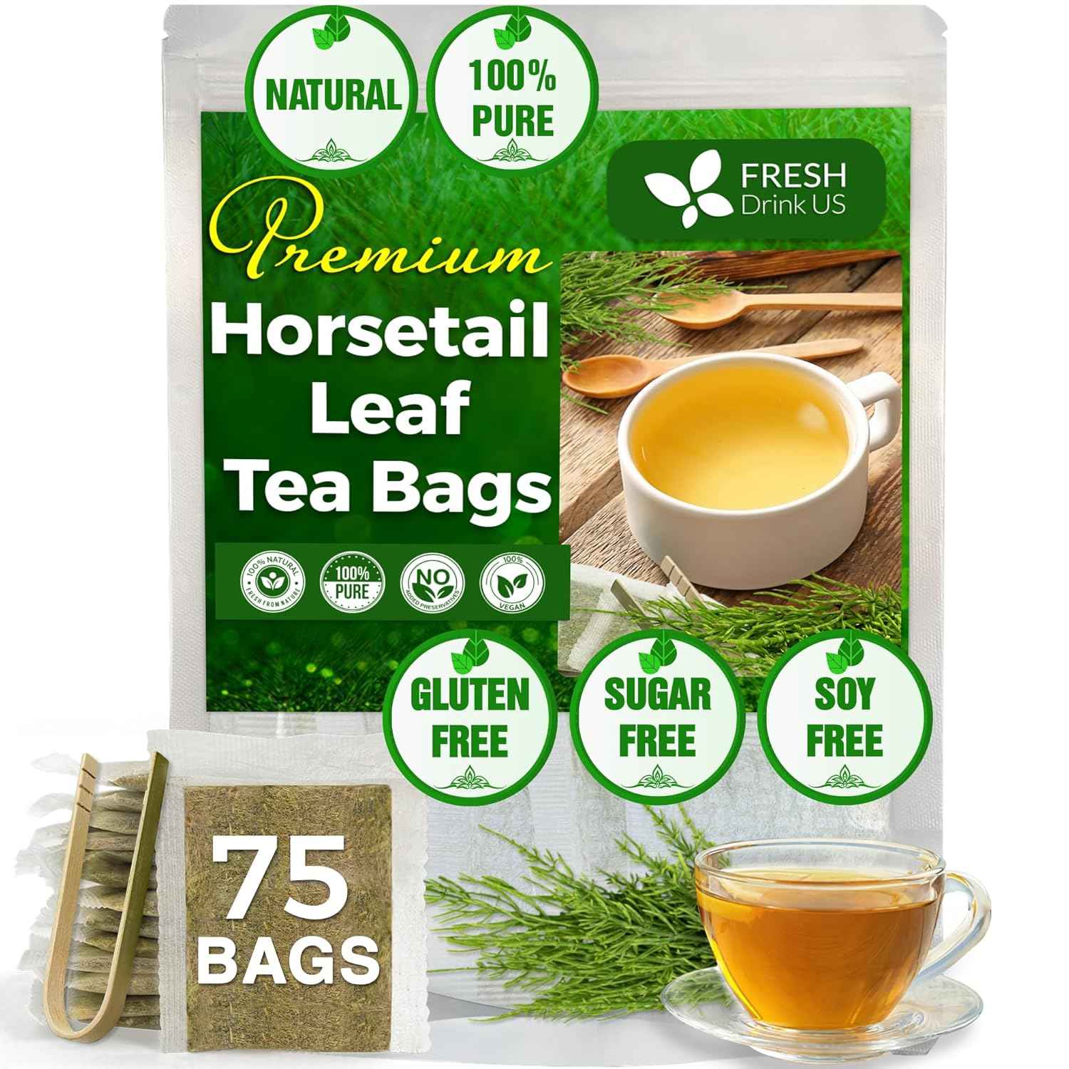 Premium Horsetail Leaf Tea Bags, 100% Natural &amp; Pure from Horsetail Loose Leaves Herbal Tea. No Sugar, No Caffeine, No Gluten, Vegan.