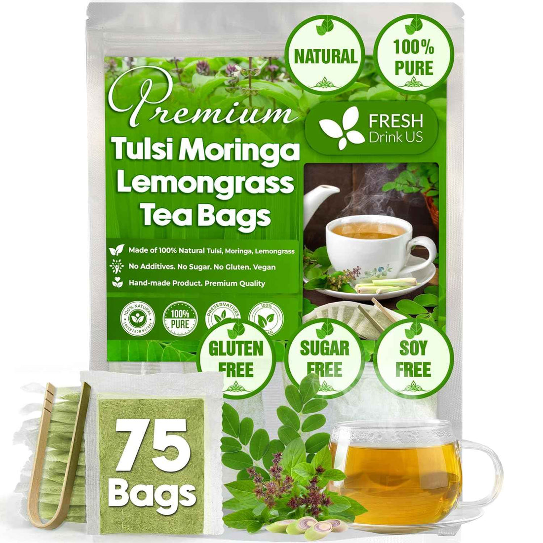 Premium Tulsi Moringa Lemongrass  Tea Bags, 100% Natural &amp; Pure from Tulsi Holy Basil Leaves, Moringa &amp; Lemongrass.