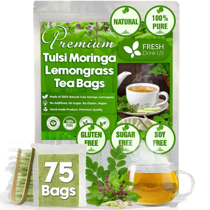 Premium Tulsi Moringa Lemongrass  Tea Bags, 100% Natural &amp; Pure from Tulsi Holy Basil Leaves, Moringa &amp; Lemongrass.